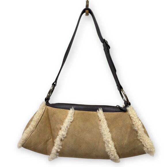 Y2k UGG Suede Shearling Small Purse Shoulder Bag Sheepskin Tan Rockabilly Preppy - Picture 4 of 16